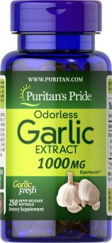 Front view of Puritan's Pride Odorless Garlic 1000mg bottle (250 rapid release softgels)