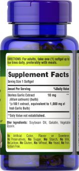 Back view showing supplement facts and dosage instructions for Puritan's Pride Odorless Garlic 1000mg