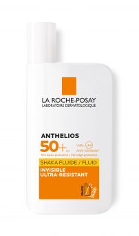 Front view of La Roche-Posay Anthelios Shaka Fluid SPF50+ 50ml sunscreen bottle for face and eye contour protection