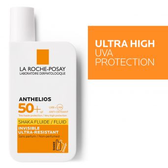 La Roche-Posay Anthelios Shaka Fluid SPF50+ invisible ultra-light sunscreen bottle with ultra high UVA protection label