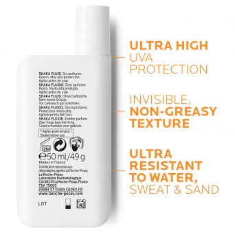 Back view of La Roche-Posay Anthelios Shaka Fluid SPF50+ sunscreen showing ingredients, directions, and ultra-resistant, non-greasy texture