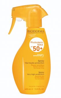 Front view of Bioderma Photoderm MAX Spray SPF 50+ 400 ml bottle with clear spray nozzle and branding
