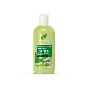dr organic aloe vera shampoo 265ml front bottle view with organic aloe vera extract for soothing and gentle hair care