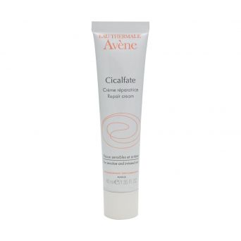 Front view of Avène Cicalfate Repair Cream tube with white packaging, subtle beige logo, and soft pastel swirl design