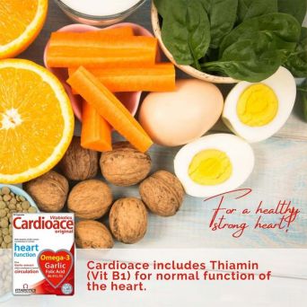 Cardioace Original Capsules with healthy foods like walnuts, eggs, spinach, carrots and oranges for heart health