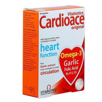 Vitabiotics Cardioace Original Capsules 30’s side angled pack shot showing ingredients and benefits