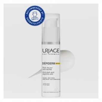Uriage Depiderm Anti-Dark Spot Daytime Care bottle with dermatologist recommendation badge, highlighting skincare protection and correction for dark spots