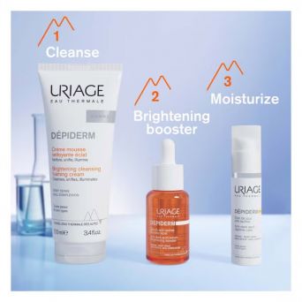 Uriage Depiderm 3-step brightening routine: Brightening cleansing foaming cream, brightening booster serum, and Depiderm SPF50+ anti-dark spot daytime care cream
