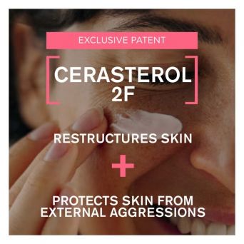 Close-up of cream on skin with text highlighting Cerasterol 2F exclusive patent that restructures and protects skin from external aggressions