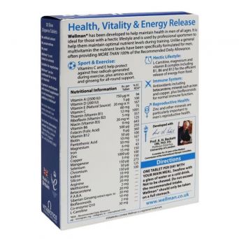 Vitabiotics Wellman Original 30 Tablets back of pack with nutritional information and usage directions