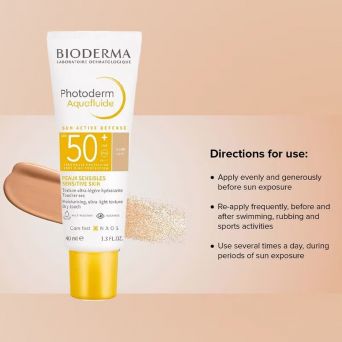 Directions for use of Bioderma Photoderm Aquafluid SPF 50+ Light Tinted sunscreen – shake well, apply generously before sun exposure, and reapply every 2 hours.