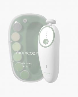 Momcozy Electric Baby Nail File Kit featuring the white and green rechargeable trimmer with a 35dB quiet motor and the translucent storage case containing 7 multi-age replacement heads at CHS Pharmacy UAE.
