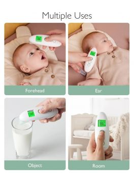 Alt Text for Image 4 (Multiple Uses Infographic)
Momcozy FC-IR300 infrared thermometer infographic demonstrating its 4-in-1 multi-function measurement modes: non-contact forehead, ear probe, object temperature (baby milk bottle), and ambient room tempera