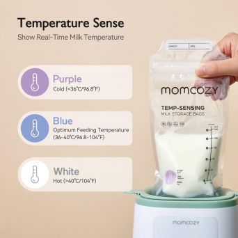 Momcozy Temp-Sensing Milk Storage Bags demonstrating real-time milk temperature check with color-changing indicator guide: Purple (<36°C Cold), Blue (36-40°C Optimum Feeding), and White (>40°C Hot) for safe feeding at CHS Pharmacy UAE.