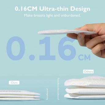 Side-by-side comparison demonstrating the 0.16cm ultra-thin design of Momcozy Disposable Nursing Pads. A hand holds a single, barely visible 'Ours' pad next to a stack of significantly thicker, bulkier 'Others' pads. This visual highlights the 'Thin but H