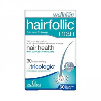 Vitabiotics Hairfollic Man 60 Tablets front packaging – advanced men’s hair supplement with Tricologic complex, biotin, selenium and zinc for hair, scalp and nail health