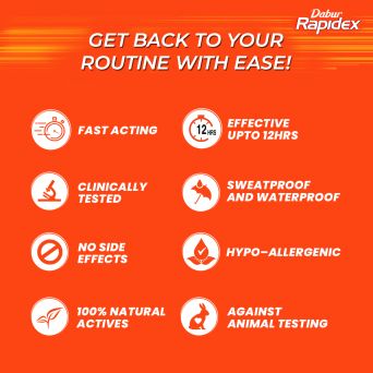 Dabur Rapidex Muscle Pain Relief Patch benefits and features — fast-acting, long-lasting up to 24 hours, clinically tested, and sweatproof and waterproof