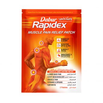 Dabur Rapidex Muscle Pain Relief Patch front pack showing product design and branding for fast muscle and joint pain relief