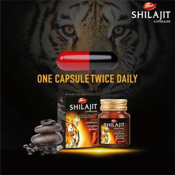 Dabur Shilajit poster showing one capsule twice daily dosage instruction