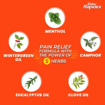 Dabur Rapidex Patch ingredients list highlighting herbal extracts and heat-release formula for natural muscle pain relief