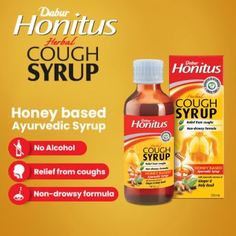 Dabur Honitus Cough Syrup promotional visual highlighting honey-based, non-drowsy formula