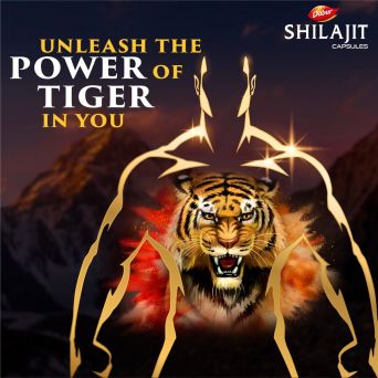 Unleash the power of tiger in you Dabur Shilajit promotional visual emphasizing male energy and endurance