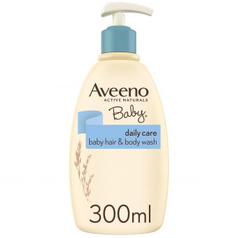 aveeno baby hair & body wash 300 ml dispenser bottle front view with oatmeal and gentle cleanser indication