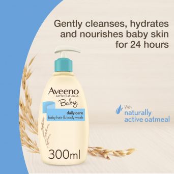 Front view of Aveeno Baby Hair and Body Wash 300ml bottle with oatmeal, highlighting 24-hour hydration benefits.