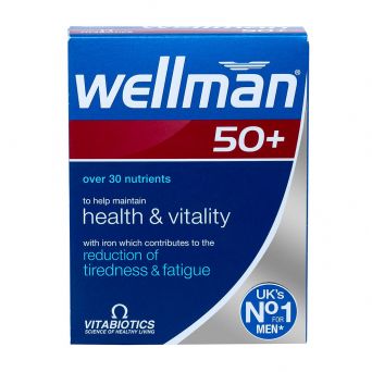 Wellman 50+ multivitamin pack for men with over 30 nutrients to support health, vitality, and reduce tiredness and fatigue