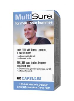 Front view of Multisure For Men multivitamin capsules 60’s bottle, Webber Naturals men’s health formula