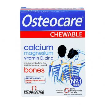 Osteocare chewable tablets front pack – calcium, magnesium, vitamin D, zinc formula
