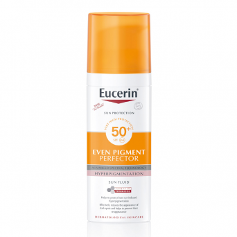 Eucerin Even Pigment Perfector Sun Fluid SPF50+ Non-Tinted 50ml sunscreen bottle providing high UVA/UVB protection against hyperpigmentation and sunspots