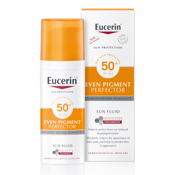 Eucerin Even Pigment Perfector Sun Fluid SPF50+ Non-Tinted 50ml product bottle with packaging box