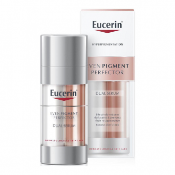 Eucerin Even Pigment Perfector Dual Serum 2x15ml bottle displayed with box packaging for pigmentation and hydration treatment