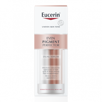 Eucerin Even Pigment Perfector Dual Serum 2x15ml outer packaging front view highlighting Thiamidol and Hyaluronic Acid benefits