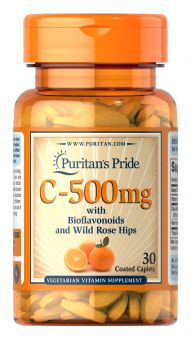 Puritan’s Pride Vitamin C 500 mg 30 caplets bottle front view with antioxidant immune support label