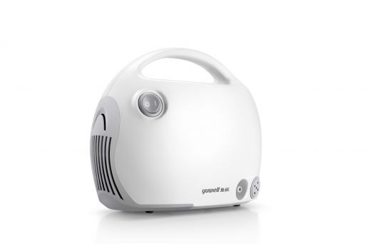 Yuwell Air-Compressing Nebulizer J02.403T.A showing compact white design with built-in handle, power switch, and side air vents for hospital and home respiratory therapy.