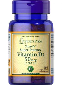 Puritan’s Pride Super Potency Vitamin D3 2000 IU bottle front label, 100 rapid release softgels