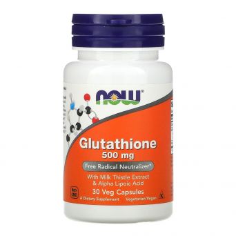 NOW Glutathione 500mg 30 Veg Capsules front label with Milk Thistle and Alpha Lipoic Acid antioxidant formula