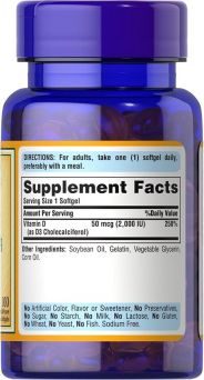 Puritan’s Pride Vitamin D3 2000 IU supplement facts and ingredient list on bottle label