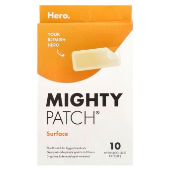 Box of hero mighty patch surface 10's, the ultimate cluster breakout treatment available at CHS Pharmacy.