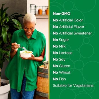 Lifestyle image of woman enjoying food, emphasizing vegetarian and allergen-free formula