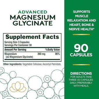 Supplement facts label of Nature's Bounty Advanced Magnesium Glycinate 90 Capsules