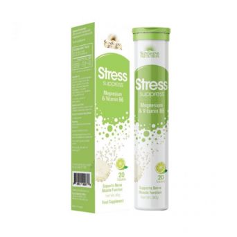 Sunshine Nutrition Stress Support Effervescent Lemon 20 Tablets bottle front view with magnesium + B6 effervescent formula