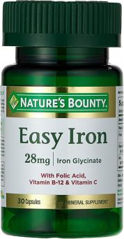 Front view of Nature’s Bounty Easy Iron 28 mg capsule bottle, highlighting gentle iron supplement