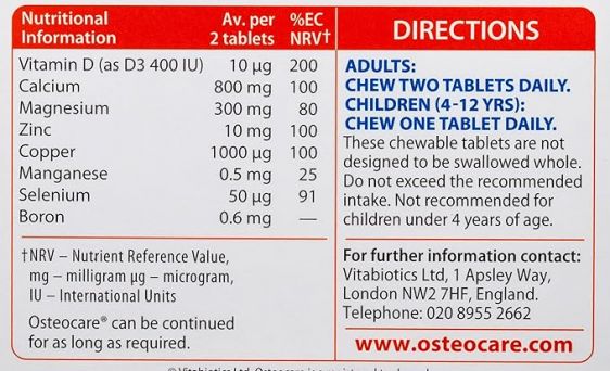 Vitabiotics Osteocare nutrition information and usage directions