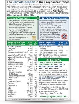 Pregnacare Max packaging showing comprehensive prenatal nutrition and Omega-3 support