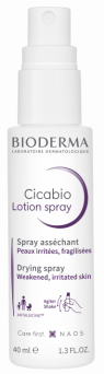 Close-up of Bioderma Cicabio Lotion Spray 40ml LED spray nozzle packaging with label visible