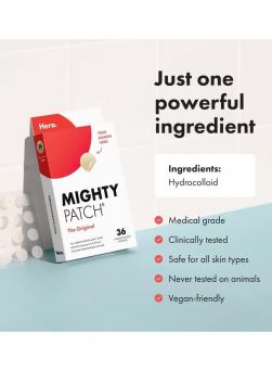 Hydrocolloid patch ingredients for the Mighty Patch 36 count, featuring medical grade ingredients for safe acne treatment in Dubai.