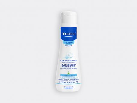 Front view of Mustela Multi-Sensory Bubble Bath 200ml bottle with signature Avocado Perseose label